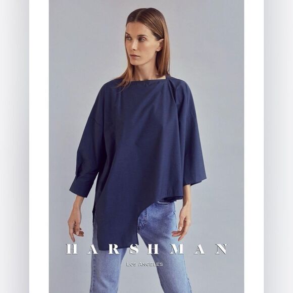 Harshman Womens Mabel Cotton Asymmetrical blue Top large - Picture 17 of 17
